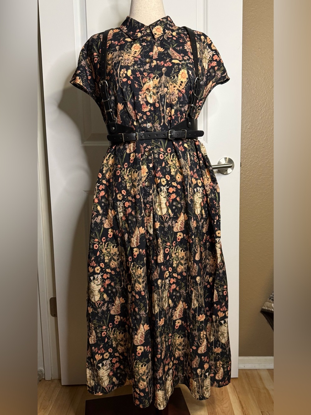 NWT Disturbia Goth Pixie Skeleton Floral Tie-Waist Midi Shirt Dress US12 - Picture 6 of 12